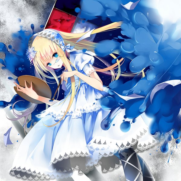 Anime picture 1000x1000 with original lindypclo single long hair looking at viewer blush open mouth blue eyes blonde hair holding wind lolita fashion girl dress hair ornament headdress white dress paintbrush art brush monocle