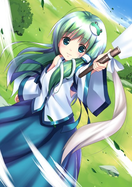 Anime picture 849x1200 with touhou kochiya sanae koi (koisan) single long hair tall image looking at viewer bare shoulders green eyes sky traditional clothes green hair light smile wind miko girl hair ornament detached sleeves leaf (leaves) hair tubes