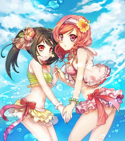 Anime picture 1000x1132 with love live! school idol project sunrise (studio) love live! nishikino maki yazawa nico sibyl long hair tall image looking at viewer blush short hair open mouth light erotic black hair red eyes twintails bare shoulders multiple girls sky cloud (clouds)