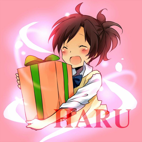 Anime picture 1000x1000 with katekyou hitman reborn miura haru matsurinnu single blush short hair open mouth simple background brown hair ponytail pink background girl bow shirt white shirt vest gift sweater vest