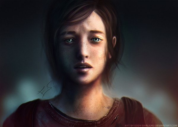 Anime picture 1600x1143 with the last of us ellie eddy-shinjuku single looking at viewer open mouth brown hair green eyes signed lips torn clothes face girl