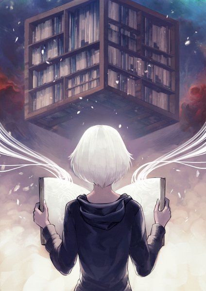 Anime picture 1131x1600 with original asuka111 single tall image short hair cloud (clouds) white hair indoors back weightlessness book (books) hoodie shelf bookshelf library