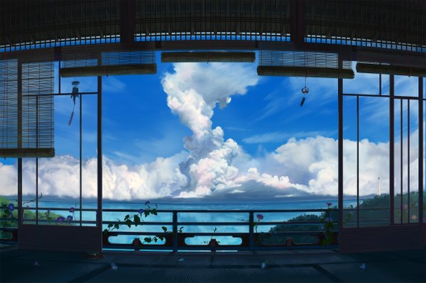 Anime picture 2480x1650 with original peko (akibakeisena) highres sky cloud (clouds) no people landscape flower (flowers) plant (plants) sea