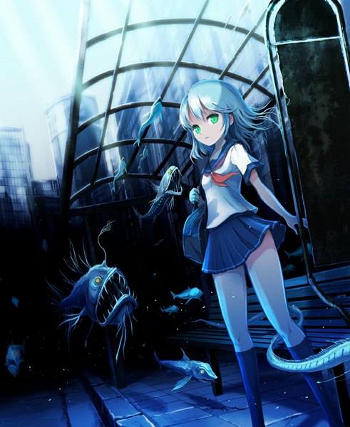 Anime picture 864x1056 with original ume (illegal bible) single tall image looking at viewer fringe short hair standing green eyes sky pleated skirt wind aqua hair teeth city underwater sharp teeth girl skirt uniform