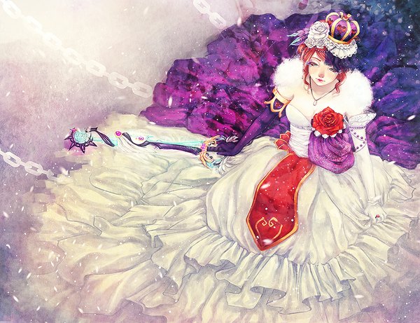Anime picture 1000x769 with original abigail diaz long hair brown hair sitting red hair from above lips realistic snowing snow eyeshadow girl dress gloves flower (flowers) elbow gloves white gloves white dress rose (roses)