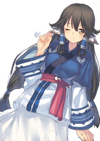 Anime picture 1061x1500 with utawareru mono utawareru mono: itsuwari no kamen white fox aruruu hajime kaname single long hair tall image looking at viewer blush fringe breasts simple background hair between eyes brown hair white background twintails animal ears traditional clothes japanese clothes