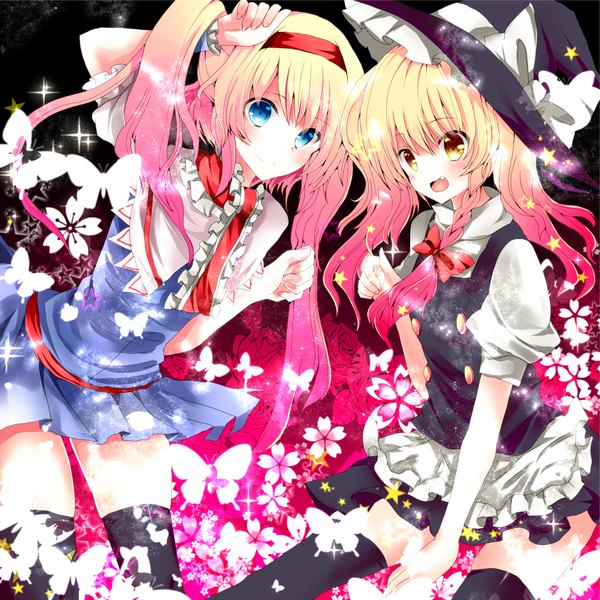 Anime picture 2183x2183 with touhou kirisame marisa alice margatroid kurekore long hair blush highres open mouth blue eyes blonde hair multiple girls yellow eyes braid (braids) teeth fang (fangs) twin braids girl thighhighs dress flower (flowers)