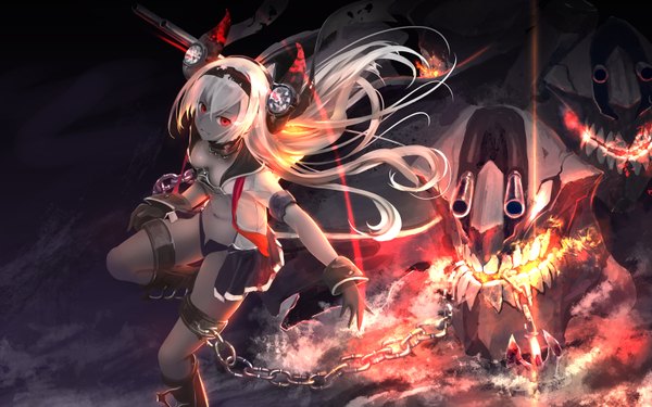 Anime picture 1600x1000 with kantai collection air defense hime kouji (astral reverie) single long hair looking at viewer fringe breasts open mouth light erotic smile red eyes cleavage white hair open shirt glowing smirk grey skin girl skirt