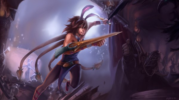 Anime picture 1366x768 with league of legends talon (league of legends) markou000 (artist) looking at viewer short hair brown hair wide image brown eyes animal ears bunny ears boy weapon dagger