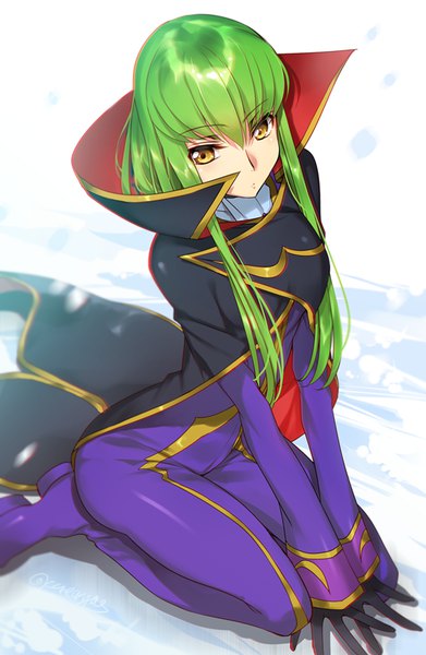 Anime picture 600x920 with code geass sunrise (studio) c.c. zero (code geass) creayus single long hair tall image fringe simple background hair between eyes white background yellow eyes looking away long sleeves green hair kneeling cosplay seiza zero (code geass) (cosplay)