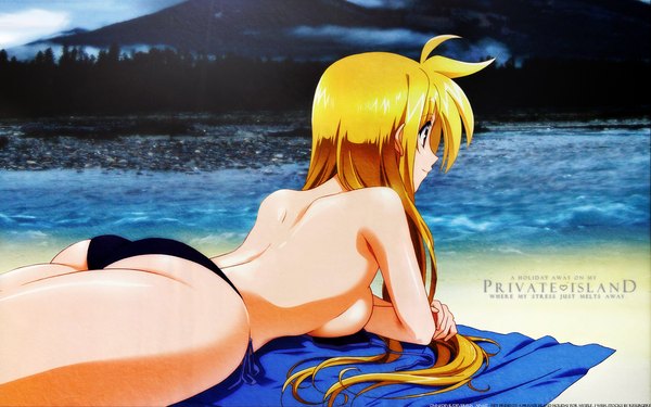 Anime picture 1920x1200 with mahou shoujo lyrical nanoha fate testarossa single long hair highres breasts light erotic blonde hair smile red eyes wide image signed looking away outdoors lying no bra beach on stomach third-party edit girl