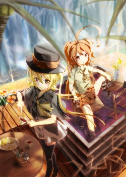 Anime picture 1587x2229 with original dennryuurai long hair tall image blonde hair sitting multiple girls yellow eyes light smile orange hair orange eyes girl thighhighs flower (flowers) black thighhighs 2 girls food cup top hat spoon