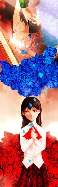 Anime picture 1148x3656 with ib (game) garry (ib) ib (ib) matsumoto (pixiv 1171609) long hair tall image short hair open mouth red eyes brown hair pink hair pink eyes tears crying hands clasped upside down girl boy flower (flowers) petals