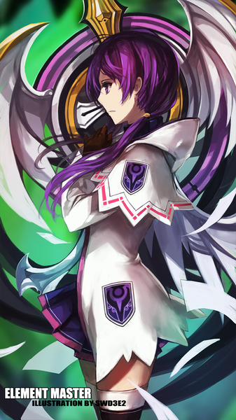 Anime picture 637x1133 with elsword aisha landar elemental master (elsword) swd3e2 single long hair tall image purple eyes twintails looking away purple hair profile inscription girl skirt miniskirt jacket staff paper