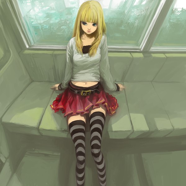 Anime picture 1299x1297 with original tsubu mikan single long hair fringe breasts blonde hair sitting looking away indoors pleated skirt from above bare belly shadow zettai ryouiki girl thighhighs skirt navel miniskirt