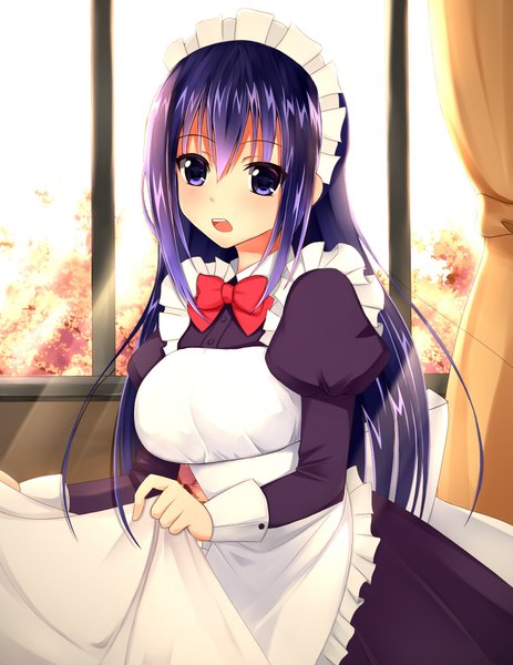 Anime picture 1545x2000 with original otono fei single long hair tall image looking at viewer blush breasts open mouth large breasts purple eyes purple hair sunlight teeth maid sunbeam girl bow frills headdress