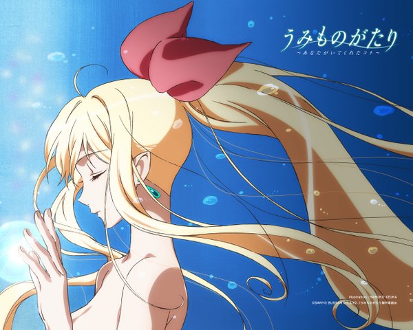 Anime picture 1280x1024 with umi monogatari zexcs marin single long hair blonde hair ponytail eyes closed profile pointy ears scan underwater girl bow hair bow earrings