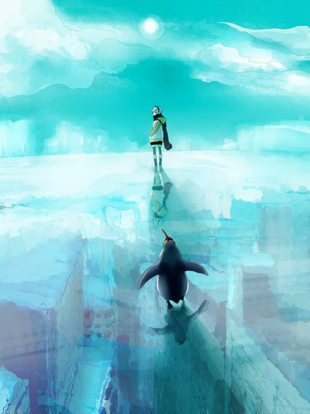 Anime picture 1200x1599 with original suzu (kopumpukin 55) single tall image short hair sky cloud (clouds) full body reflection winter girl animal shorts boots scarf sun ice penguin