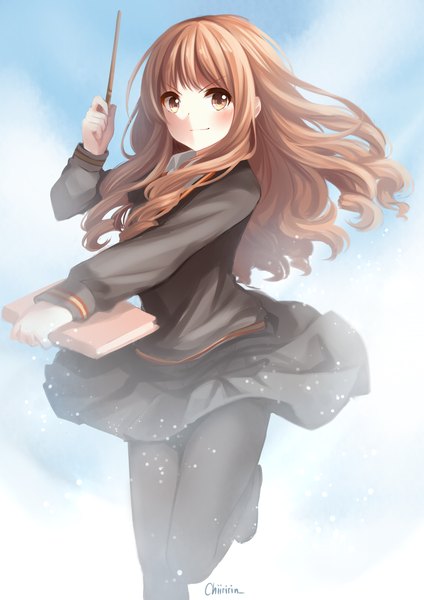 Anime picture 2893x4092 with harry potter hermione granger chiiririn single long hair tall image blush fringe highres smile brown hair standing brown eyes bent knee (knees) pleated skirt wavy hair magical girl girl skirt sweater