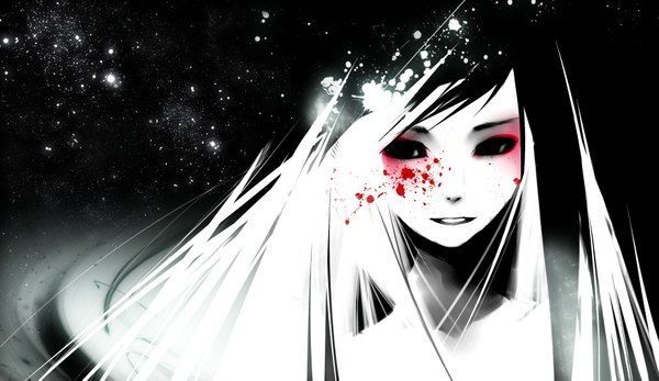 Anime picture 3740x2165 with original ricebunni single long hair highres smile wide image absurdres white hair black eyes space polychromatic girl blood star (stars) splashes