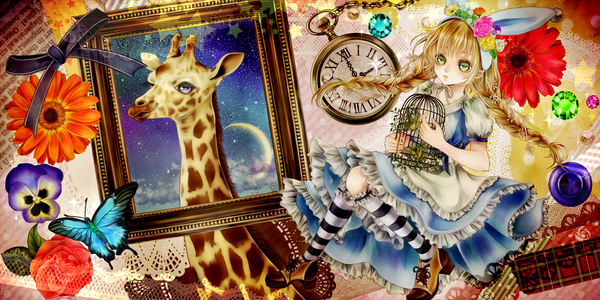 Anime picture 2504x1252 with original shio (blacksio) long hair highres blonde hair wide image green eyes braid (braids) girl dress flower (flowers) animal socks frills bird (birds) insect butterfly clock pocket watch cage