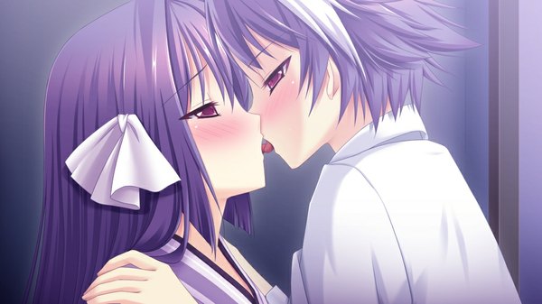 Anime picture 1024x576 with shion no ketsuzoku (game) long hair blush short hair red eyes wide image game cg purple hair couple kiss french kiss girl boy