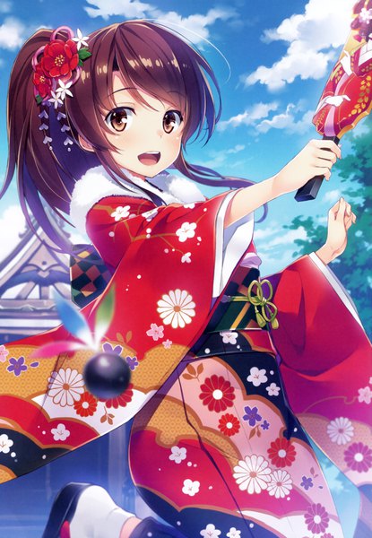 Anime picture 5660x8176 with original yuuki hagure long hair tall image blush highres open mouth brown hair brown eyes absurdres sky cloud (clouds) ponytail traditional clothes japanese clothes hair flower scan new year girl flower (flowers)