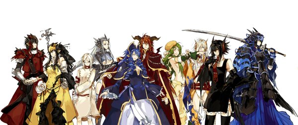 Anime picture 2379x996 with monster hunter long hair highres short hair open mouth blue eyes black hair blonde hair smile red eyes brown hair wide image multiple girls blue hair green hair multiple boys 6+ girls 6 girls warrior girl