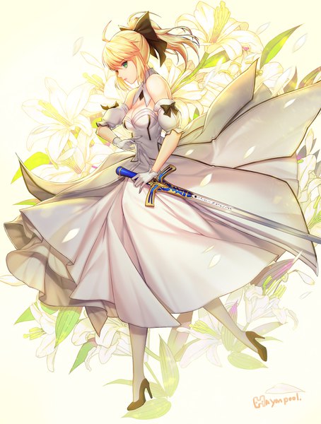 Anime picture 3000x3960 with fate (series) fate/unlimited codes artoria pendragon (all) saber lily hayanpool single long hair tall image looking at viewer fringe highres breasts blonde hair hair between eyes standing bare shoulders holding green eyes signed cleavage