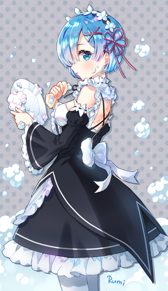 Anime picture 700x1214 with re:zero kara hajimeru isekai seikatsu white fox rem (re:zero) rarumi single tall image looking at viewer blush fringe short hair blue eyes standing bare shoulders holding signed blue hair profile looking back hair over one eye wide sleeves