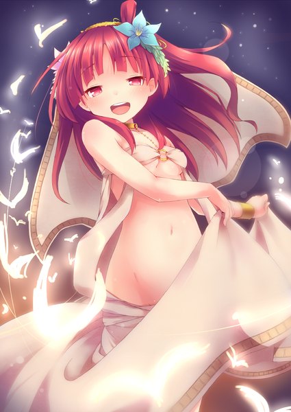 Anime picture 752x1062 with magi the labyrinth of magic a-1 pictures morgiana mokoke single long hair tall image blush open mouth light erotic smile pink hair pink eyes hair flower midriff girl navel hair ornament flower (flowers) jewelry
