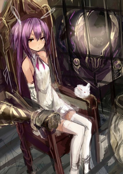 Anime picture 1416x2000 with original haik single long hair tall image looking at viewer blush sitting twintails bare shoulders brown eyes animal ears purple hair bunny ears girl thighhighs dress animal white thighhighs window