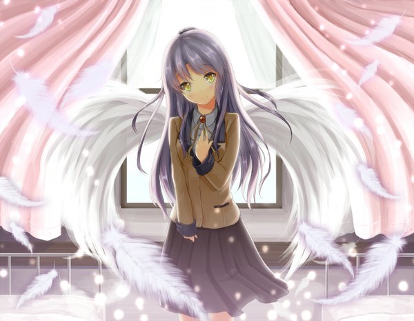 Anime picture 1402x1091 with angel beats! key (studio) tachibana kanade kokusan moyashi single long hair looking at viewer blush fringe smile standing yellow eyes silver hair long sleeves head tilt pleated skirt sunlight hand on chest angel wings girl