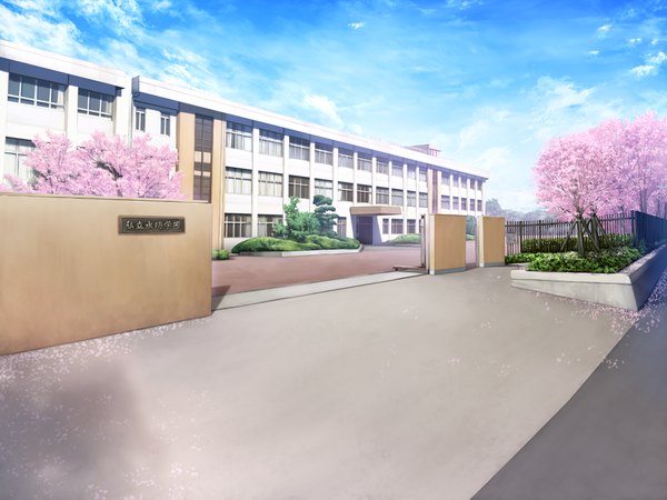 Anime picture 1024x768 with lovely x cation 2 hibiki works game cg sky cloud (clouds) cherry blossoms no people plant (plants) petals tree (trees) fence school