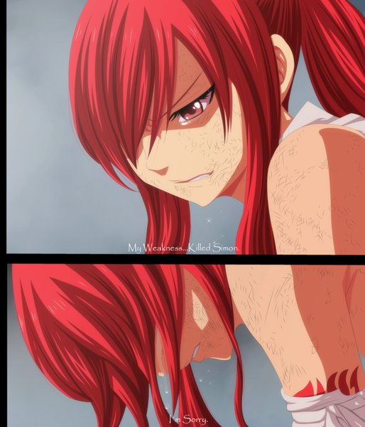Anime picture 2000x2334 with fairy tail erza scarlet jbeenz single long hair tall image fringe highres red eyes ponytail red hair hair over one eye inscription tattoo tears coloring smoke crying manga girl