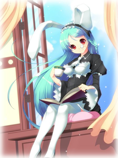 Anime picture 750x1000 with original koflif single long hair tall image looking at viewer smile red eyes sitting animal ears aqua hair bunny ears girl thighhighs dress white thighhighs frills window book (books) cup