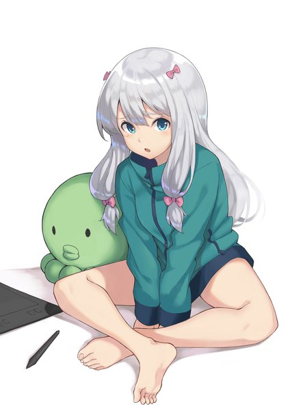 Anime picture 1191x1685 with eromanga sensei a-1 pictures izumi sagiri shooene single long hair tall image looking at viewer open mouth blue eyes simple background white background sitting silver hair full body barefoot :o indian style girl bow