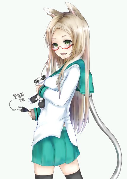 Anime picture 999x1399 with original kou mashiro single long hair tall image looking at viewer blush open mouth simple background blonde hair smile white background green eyes animal ears long sleeves pleated skirt teeth fang (fangs) girl thighhighs