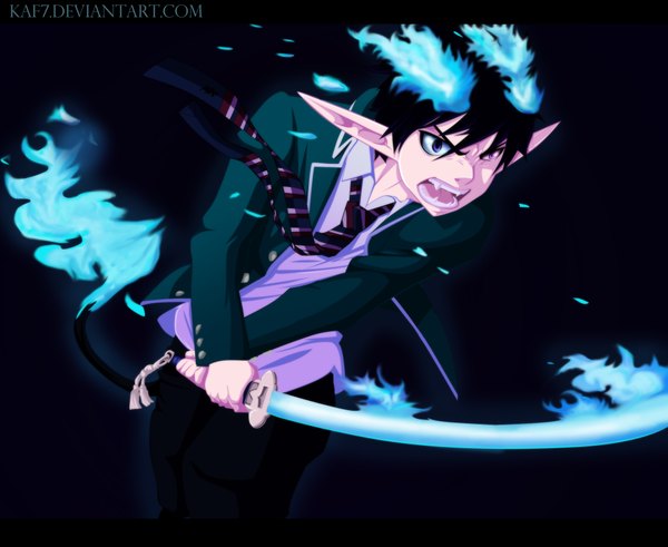 Anime picture 2000x1638 with ao no exorcist a-1 pictures okumura rin aconst single highres short hair open mouth black hair purple eyes pink eyes pointy ears teeth heterochromia coloring magic angry sharp teeth boy weapon