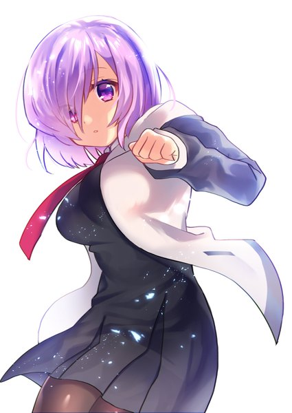 Anime picture 2508x3541 with fate (series) fate/grand order mash kyrielight mozu 1oo single tall image looking at viewer fringe highres short hair simple background white background purple eyes purple hair hair over one eye :o girl dress pantyhose black dress