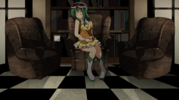 Anime picture 2800x1575 with vocaloid gumi marirero a single long hair highres wide image sitting eyes closed green hair sleeping checkered floor girl glasses boots armchair