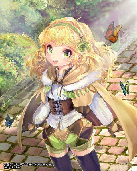 Anime picture 750x938 with original sera (kpj11) single long hair tall image open mouth blonde hair smile green eyes pointy ears sunlight sunbeam girl thighhighs gloves black thighhighs hairband insect butterfly cloak