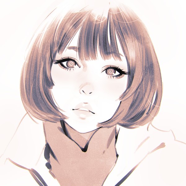 Anime picture 1080x1080 with original ilya kuvshinov single looking at viewer short hair simple background white background parted lips lips monochrome portrait girl turtleneck