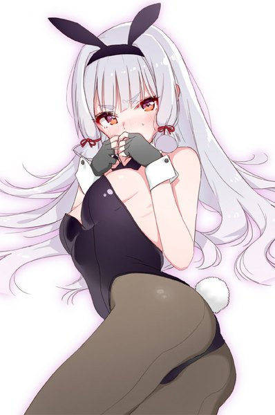 Anime picture 663x1000 with kantai collection murakumo destroyer shijuu single long hair tall image looking at viewer blush fringe light erotic simple background white background bare shoulders animal ears silver hair tail lying animal tail orange eyes bunny ears