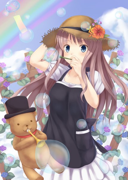 Anime picture 900x1258 with original yosshii (ropichan2) single long hair tall image blue eyes brown hair girl dress flower (flowers) hat toy stuffed animal bubble (bubbles) teddy bear