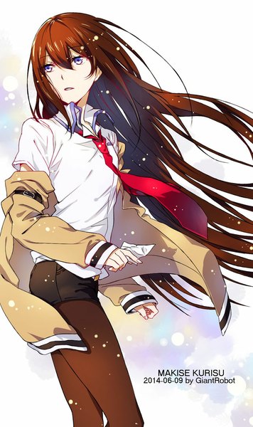Anime picture 642x1080 with steins;gate white fox makise kurisu d midiror single long hair tall image fringe brown hair standing purple eyes looking away wind sunlight open clothes open jacket open collar girl necktie jacket