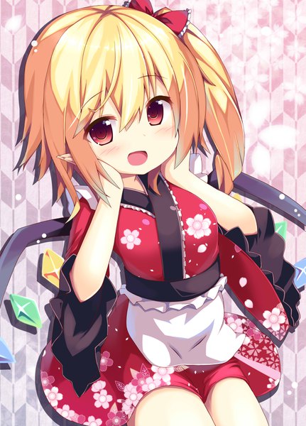 Anime picture 2645x3679 with touhou flandre scarlet ominaeshi (takenoko) single long hair tall image looking at viewer fringe highres open mouth blonde hair smile hair between eyes red eyes traditional clothes :d japanese clothes pointy ears alternate costume side ponytail