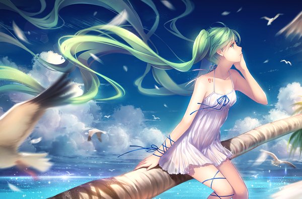 Anime picture 1515x1000 with vocaloid hatsune miku tidsean single sitting twintails bare shoulders looking away sky cloud (clouds) very long hair parted lips profile aqua eyes wind blurry aqua hair girl dress plant (plants)