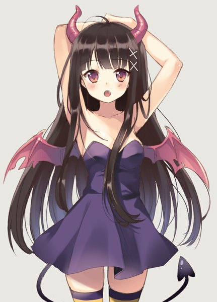 Anime picture 600x834 with original kurasawa moko single long hair tall image looking at viewer blush fringe open mouth black hair simple background red eyes standing bare shoulders ahoge tail horn (horns) grey background arms up teeth