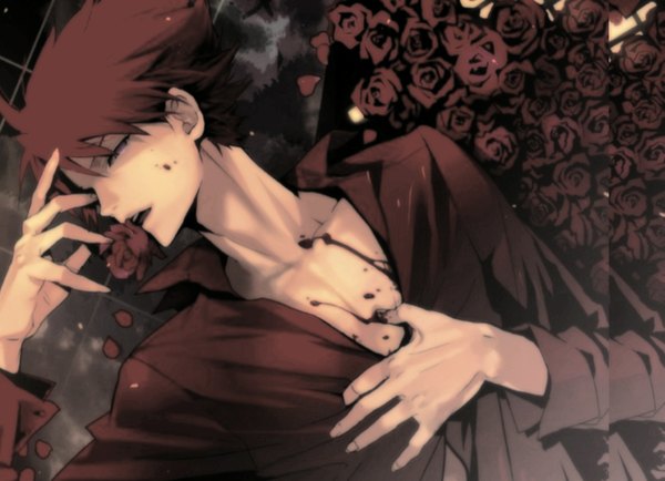 Anime picture 1327x960 with umineko no naku koro ni ushiromiya battler single short hair open mouth purple eyes red hair lying open clothes open shirt partially open clothes boy flower (flowers) rose (roses) blood